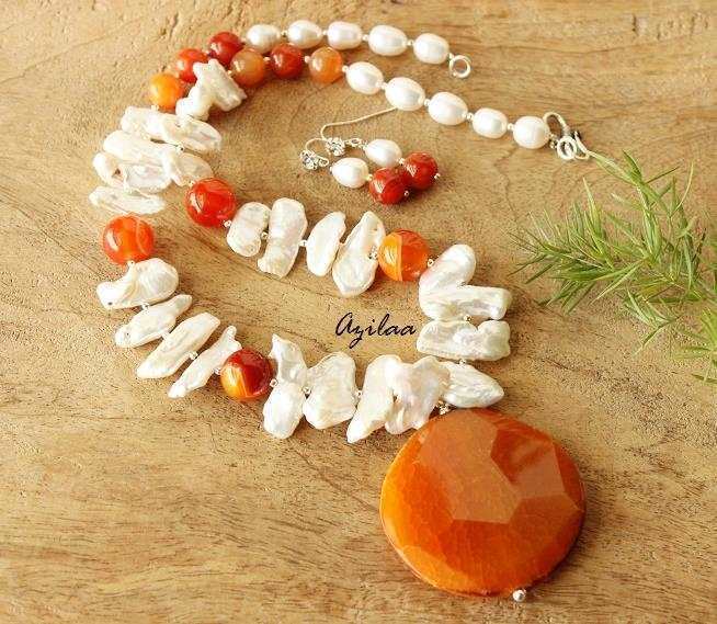  Designer Pearl orange Gemstone beaded Necklace set