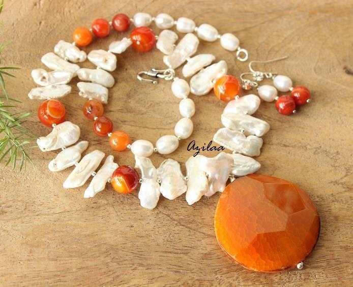  Designer Pearl orange Gemstone beaded Necklace set