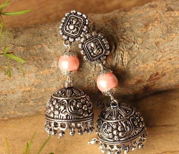  Ethnic Ganesha pink pearl jhumki earrings