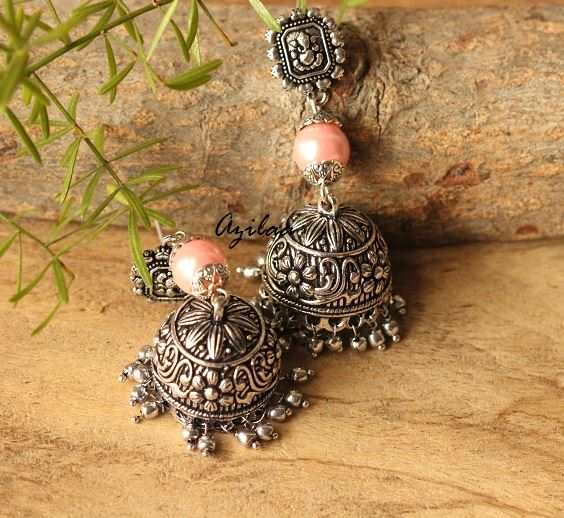  Ethnic Ganesha pink pearl jhumki earrings