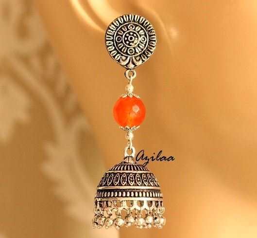  Ethnic orange gemstone silver tone jhumki earrings