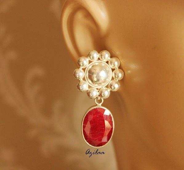  Flower designer Ruby gemstone sterling silver earrings