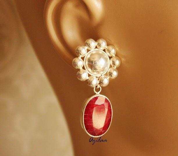 Flower designer Ruby gemstone sterling silver earrings