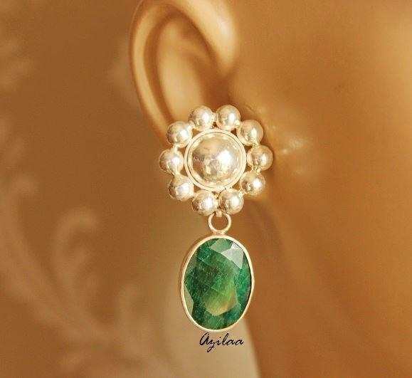  Flower designer emerald green gemstone sterling silver earrings