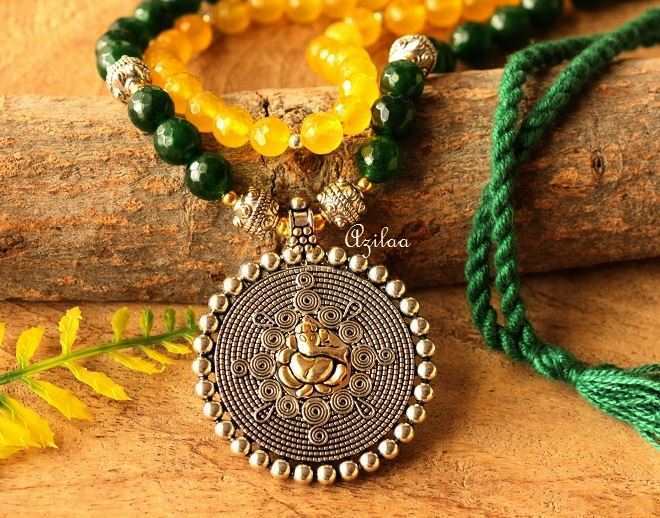  Ganesha Green yellow gemstone handmade dual beaded necklace set