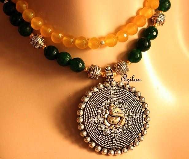  Ganesha Green yellow gemstone handmade dual beaded necklace set