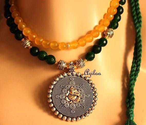  Ganesha Green yellow gemstone handmade dual beaded necklace set