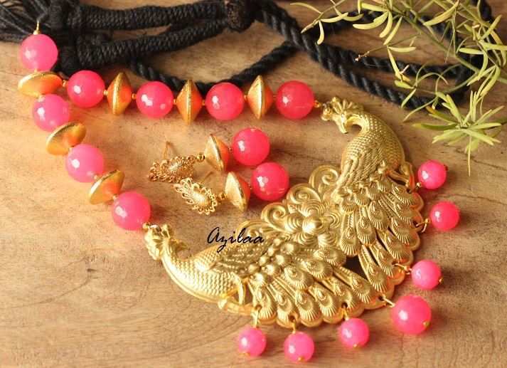 Golden peacock Statementhot pink handmade necklace set