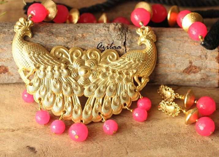 Golden peacock Statementhot pink handmade necklace set