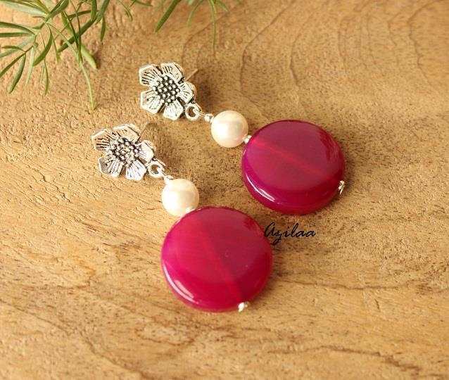 Magenta dark pink pearl beaded gemstone Earrings