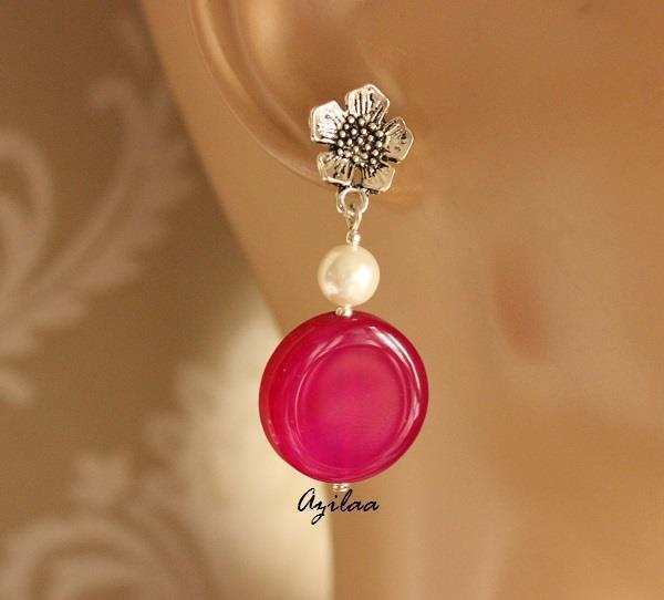 Magenta dark pink pearl beaded gemstone Earrings