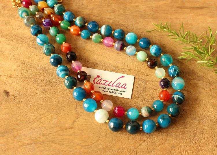  Layered multi color necklace, Blue designer gemstone necklace