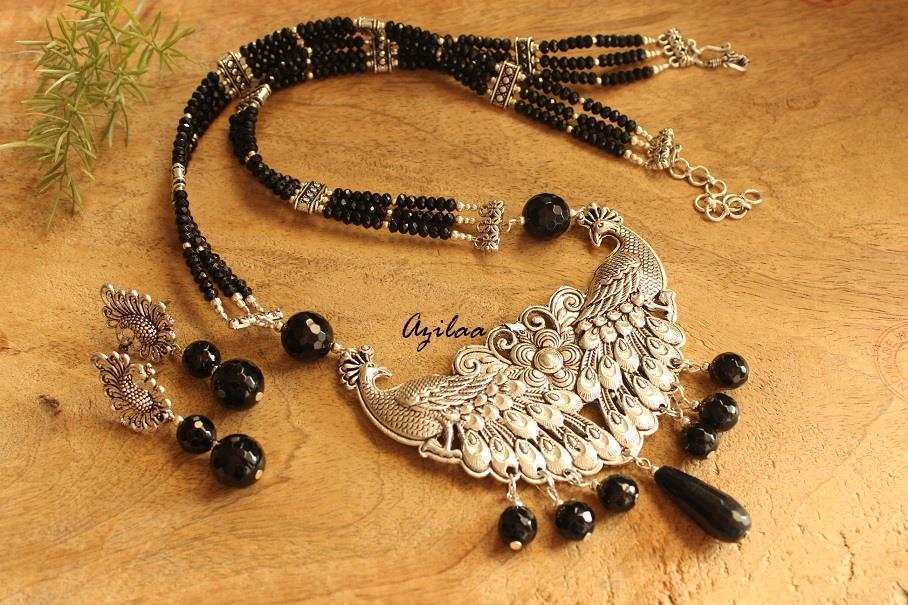Peacock design necklace set, Designer black bead necklace