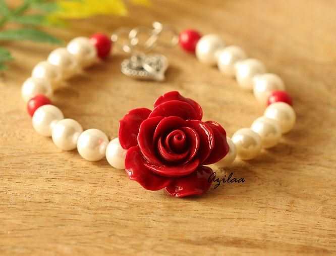  Red Rose pearl gemstone beaded handmade bracelet