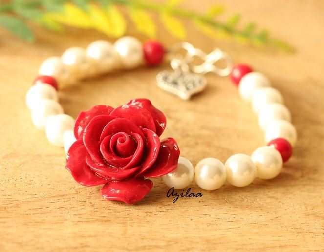  Red Rose pearl gemstone beaded handmade bracelet