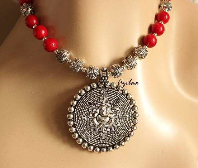  Red coral Ganesha handmade Gemstone Necklace earring set