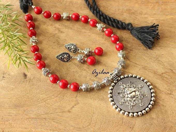  Red coral Ganesha handmade Gemstone Necklace earring set