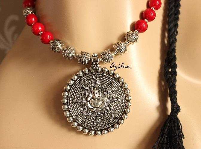  Red coral Ganesha handmade Gemstone Necklace earring set