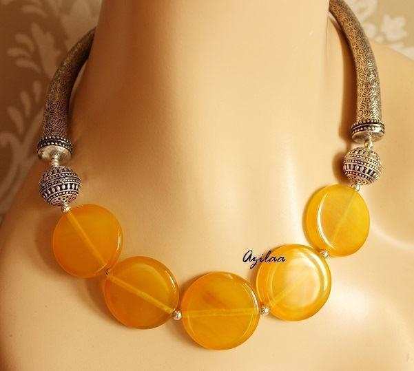  Yellow ethnic style gemstone beaded necklace 