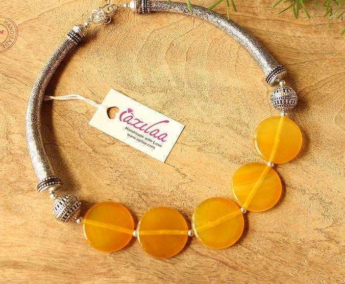  Yellow ethnic style gemstone beaded necklace 