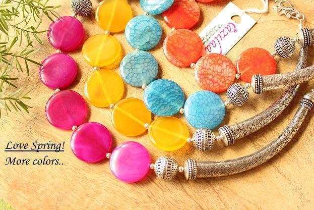  Yellow ethnic style gemstone beaded necklace 