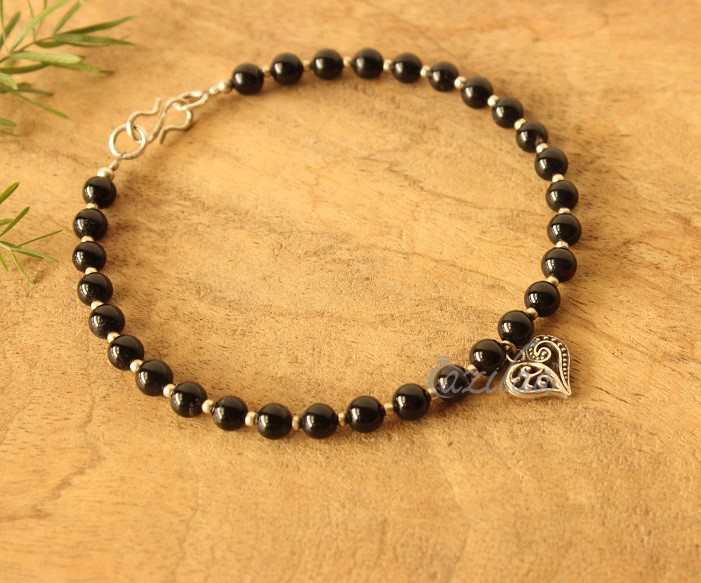 2 Black beaded Gemstone handmade silver Anklet