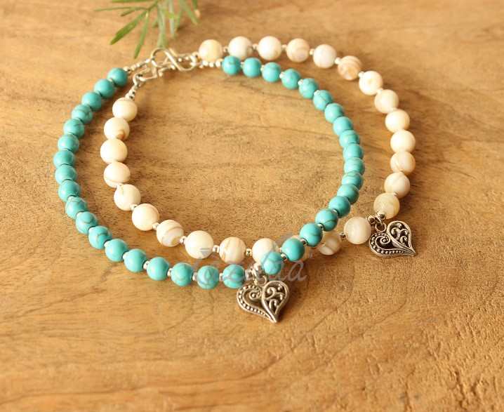 2 blue white beaded Gemstone handmade silver Anklet