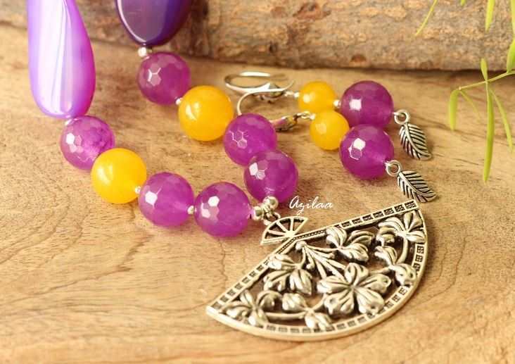 Agate gemstone purple handmade necklace set