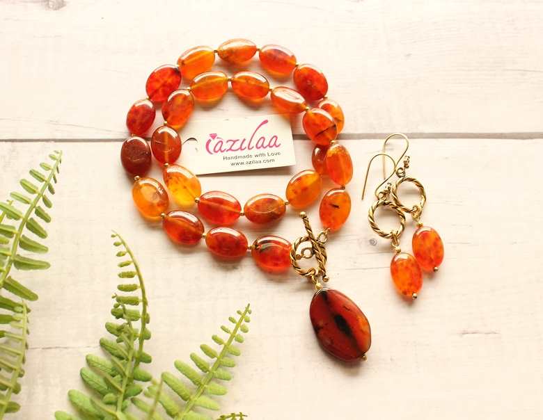 Amber color beaded golden gemstone necklace earrings