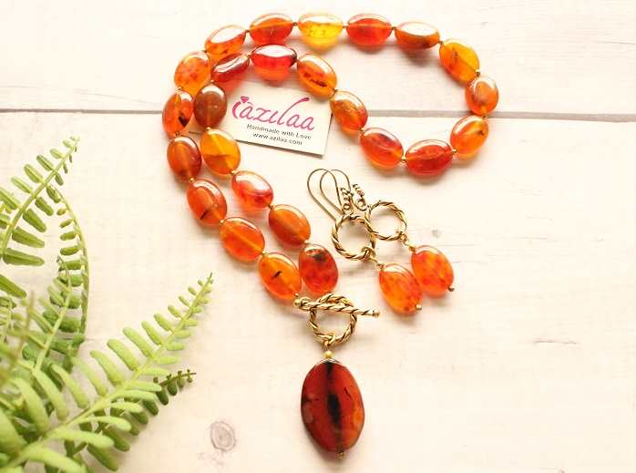 Amber color beaded golden gemstone necklace earrings