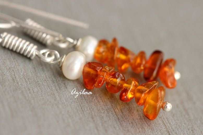 Amber earrings gemstone pearl sterling silver earrings