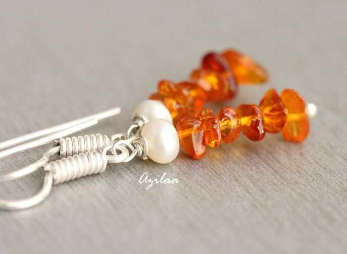 Amber earrings gemstone pearl sterling silver earrings