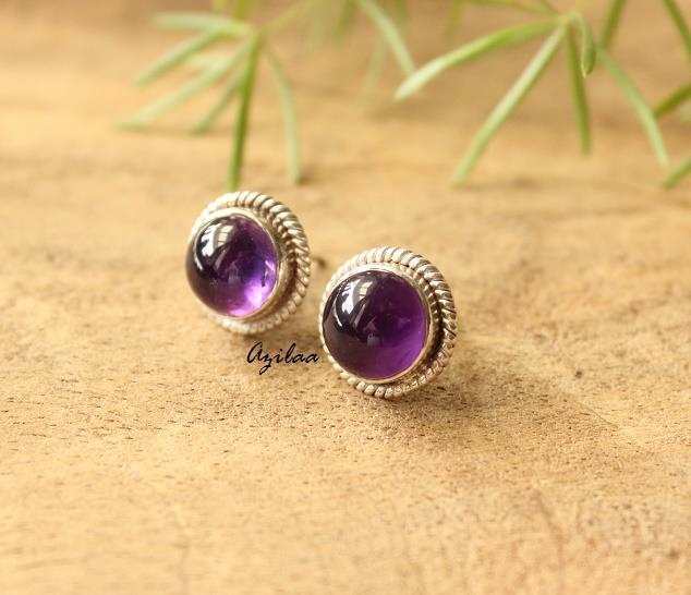 Amethyst  stud post gemstone sterling silver handmade earrings