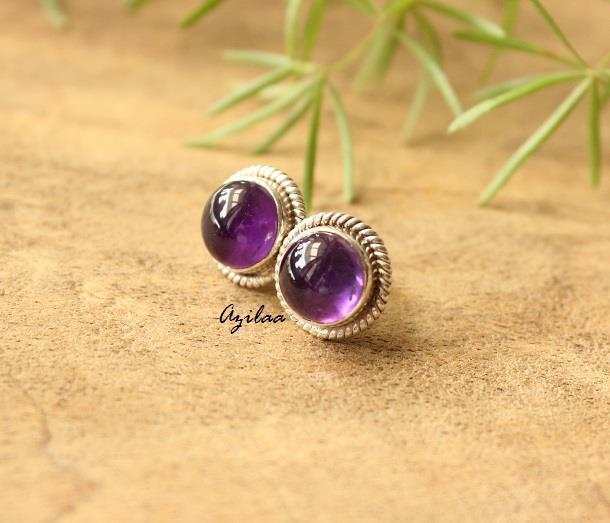 Amethyst  stud post gemstone sterling silver handmade earrings