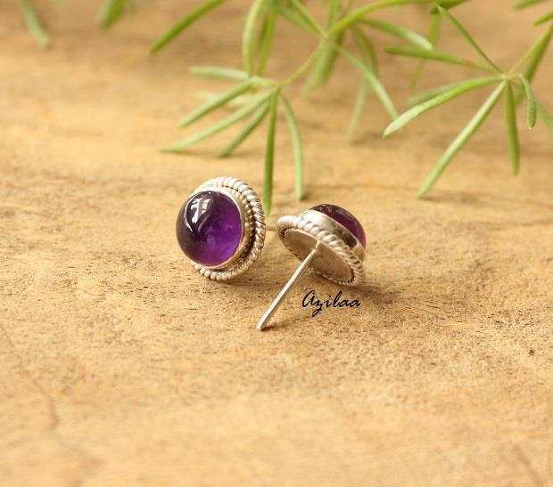 Amethyst  stud post gemstone sterling silver handmade earrings