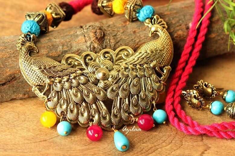 Antique Gold Statement peacock handmade gemstone necklace set