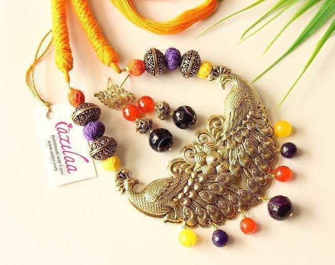 Antique Gold Statement peacock handmade necklace set