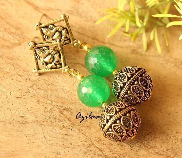 Antique Gold tone Ganesha handmade Green earrings