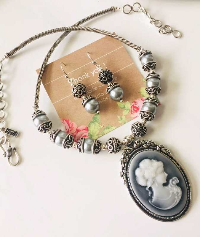 Antique Silver Pearl designer necklace earrings set