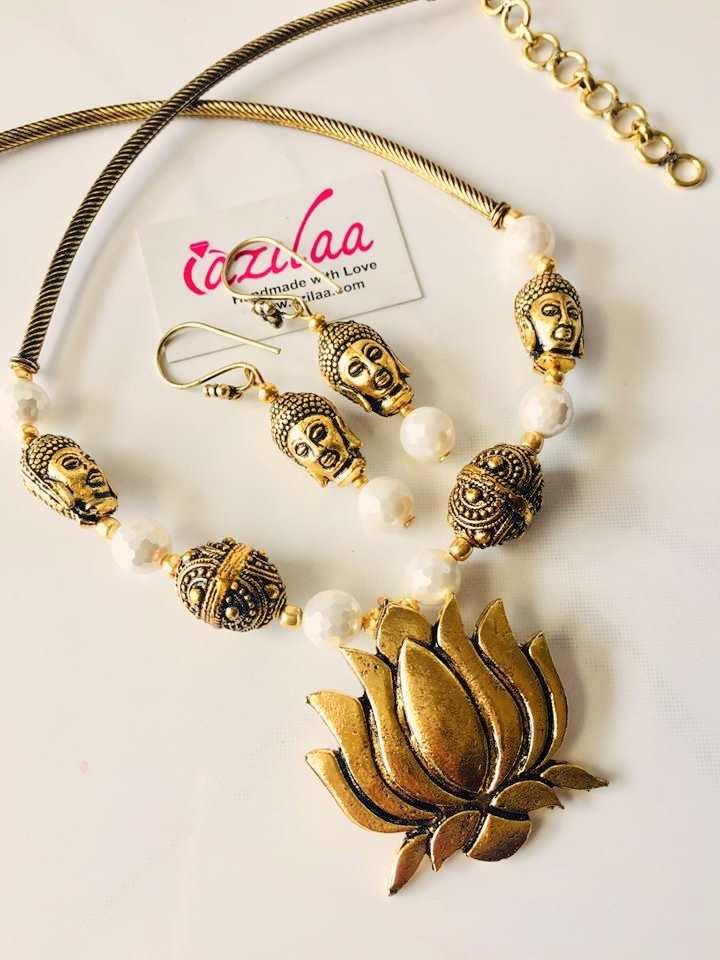 Antique gold Buddha Lotus designer necklace earrings set