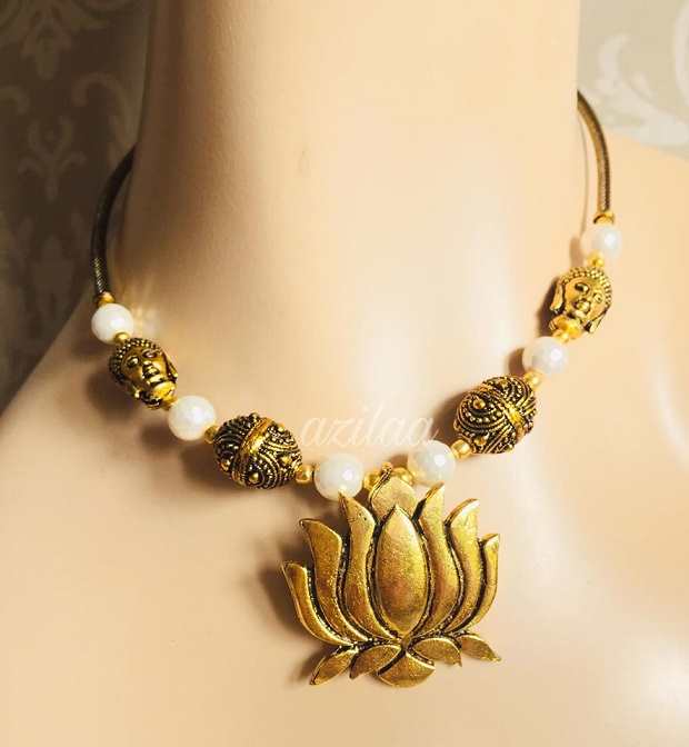 Antique gold Buddha Lotus designer necklace earrings set