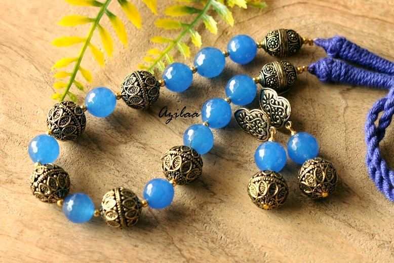 Antique gold tone blue agate gemstone handmade necklace 