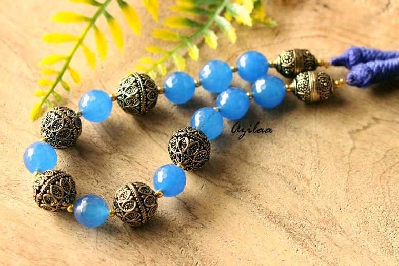 Antique gold tone blue agate gemstone handmade necklace 