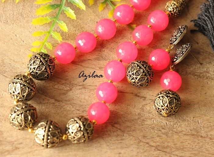 Antique gold tone hot pink agate gemstone handmade necklace 