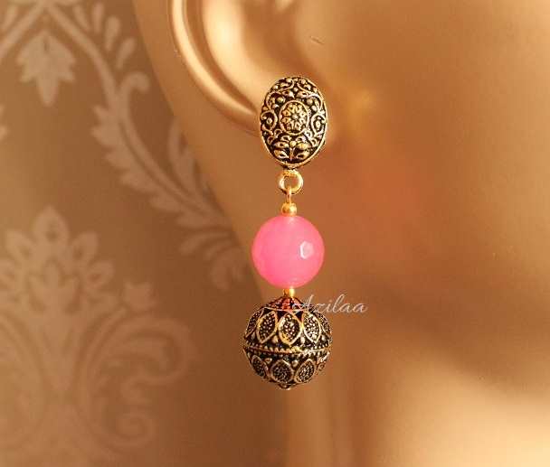 Antique gold tone hot pink gemstone handmade necklace 