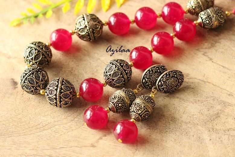 Antique gold tone maroon agate gemstone handmade necklace 