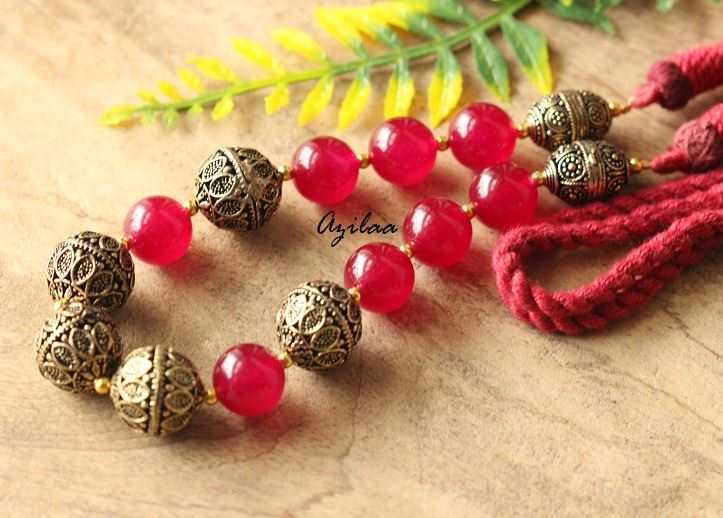 Antique gold tone maroon agate gemstone handmade necklace 