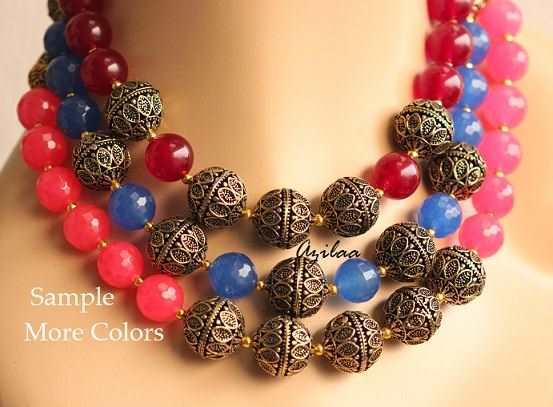 Antique gold tone maroon agate gemstone handmade necklace 