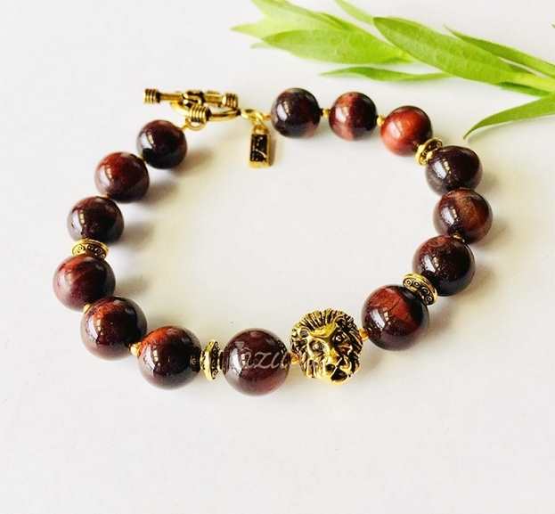 Antique lion charm Tiger Eye gemstone men Bracelet
