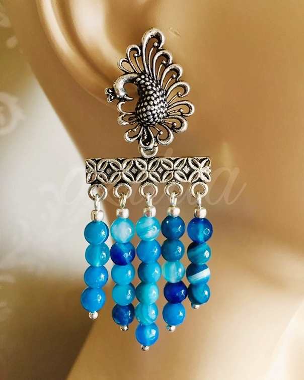 Antique silver peacock blue gemstone handmade earrings